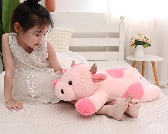 25.6 inch 5 lbs Cow Weighted Stuffed Animals, Large Weighted Plush Animal, Cute Plush Toy Pillow, Soft Kawaii Plushie Gifts for Adults, Kids, Boys and Girls(Pink)