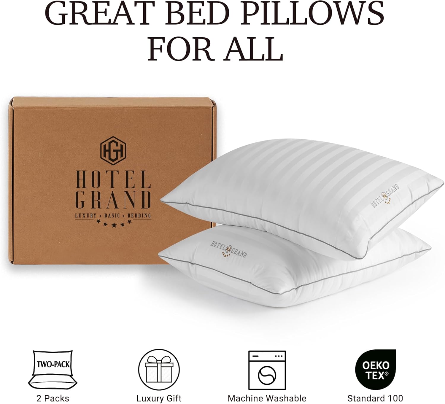 Hotel Grand Softy-Around Feather Down Pillows Queen Size Set of 2 Packs White Strip 100% Cotton Fabric Bed Pillows for All Position Sleepers,28"x20"/2 Packs