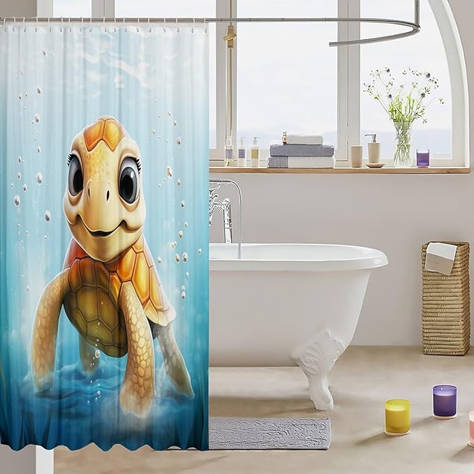 Feelyou Cute Sea Turtle Shower Curtain Kids 3D Print Fabric Shower Curtain Ocean Animal Bathroom Waterproof Accessories with 12 Hooks for Women Men Ocean Theme Curtains,72x84 Inches