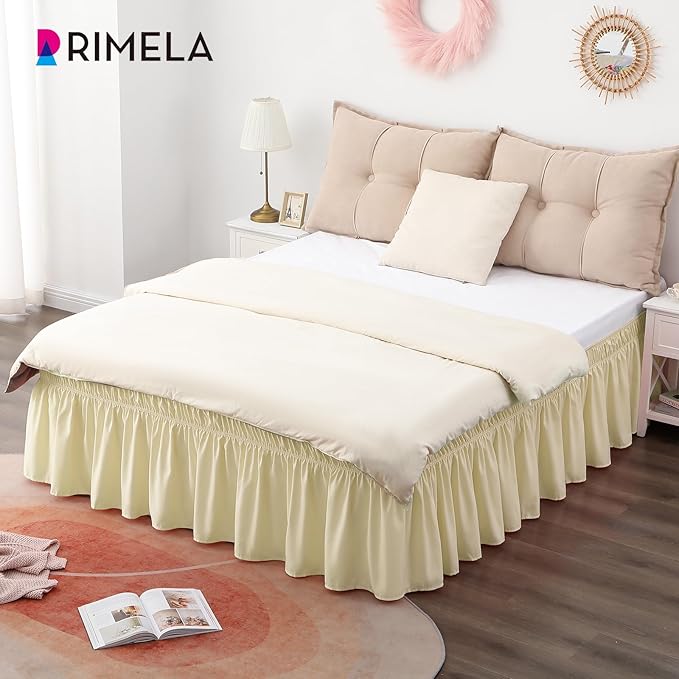 RIMELA Bed Skirt King Size 12 Inch Drop, Wrap Around Elastic Bedskirt Solid Microfiber Luxury Hotel Quality Fabric, Easy to Install Machine Washable Wrinkle & Fade Resistant, Beige Yellow