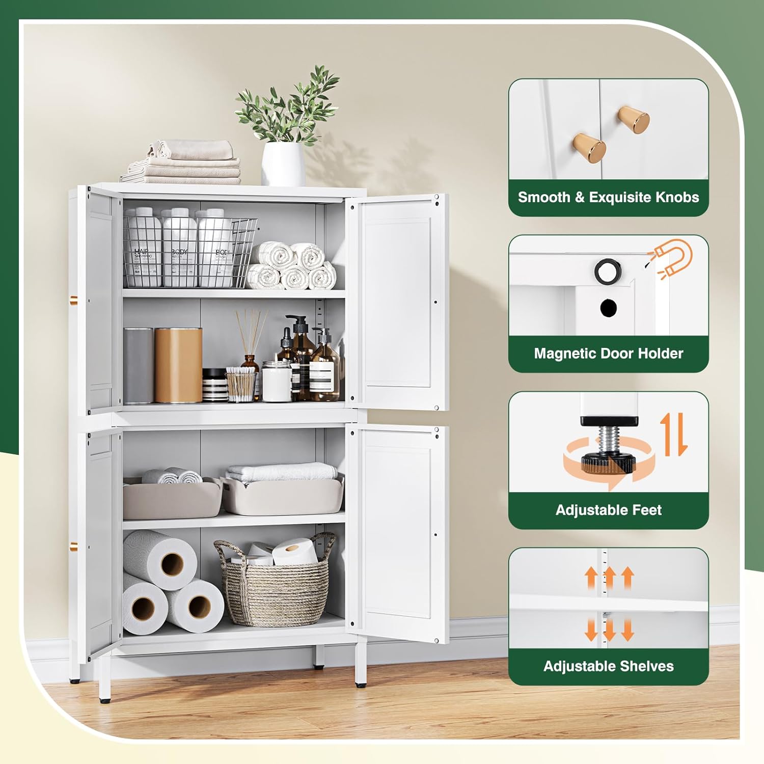 Letaya Storage Cabinet with Doors and Shelves,Small Freestanding Bathroom Floor Metal Cabinets -White