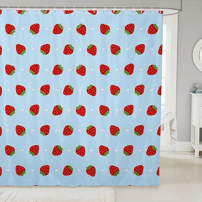Feelyou Strawberry Fabric Shower Curtain Blue Shower Curtain for Kids Boys Girls Kawaii Fruit Bathroom Waterproof Accessories with 12 Hooks Cute Curtains,72x78 Inches