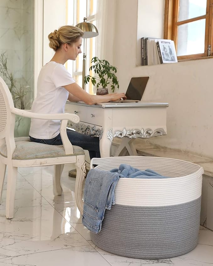 22" x 22" x 16" Mega Size Extra Large Storage Basket, Cotton Rope Storage Baskets, Woven Laundry Hamper, Cloth Storage Bin, for Clothes Towel Blanket Basket in Living Room, Large Basket Grey
