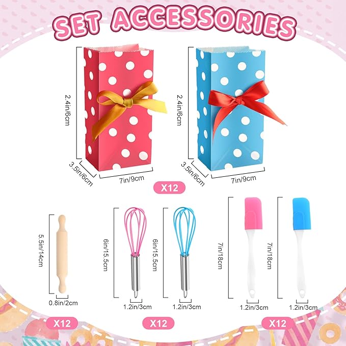 48 Pcs Kids Mini Baking Sets for Real Cooking Games Prize Party Favors, with Spatula, Rolling Pin, Whisk, Gift Bags for Baking Cooking Party Class