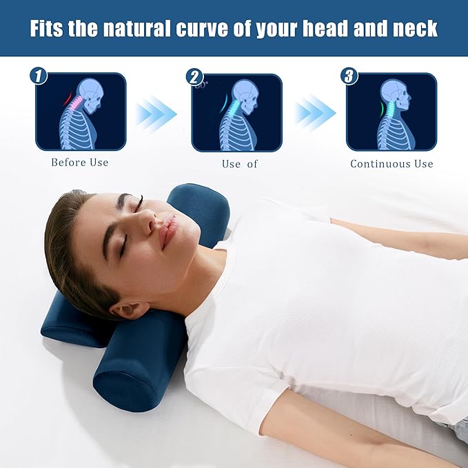 BALAPET Cervical Neck Pillow Adjustable Neck Roll Pillow for Comfortable Sleeping,Neck Support Pillow with Detachable Pad for Body Lumbar Knee Leg Relieve Muscle Tension Spine Alignment(navy blue)