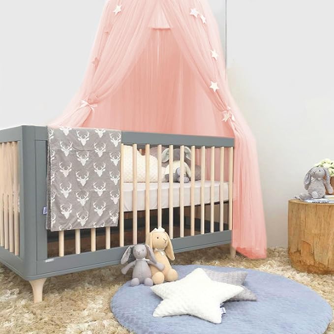 Bed Canopy Mosquito Net with Star Lights，Princess Play Canopy for Girls Room - Dome Net Curtains for Baby Game Dream Castle, Girls Room Decor, Pink