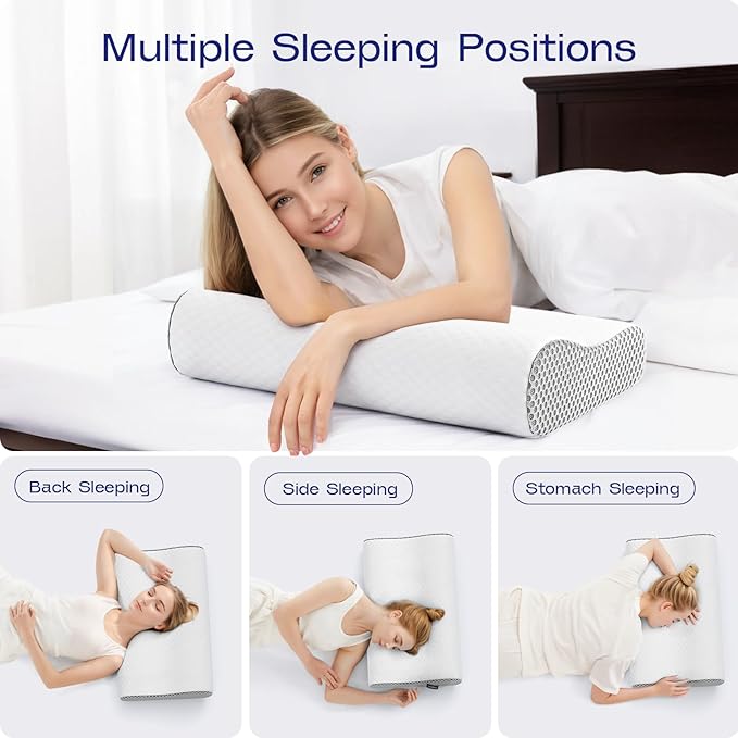 Contoured Neck Pillow Memory Foam - Dual Use Cervical Neck Pillow for Sleeping - Soft Bed Pillow for Neck and Shoulder Pain - Ergonomic Side Sleeper Cervical Pillows (Grey White)