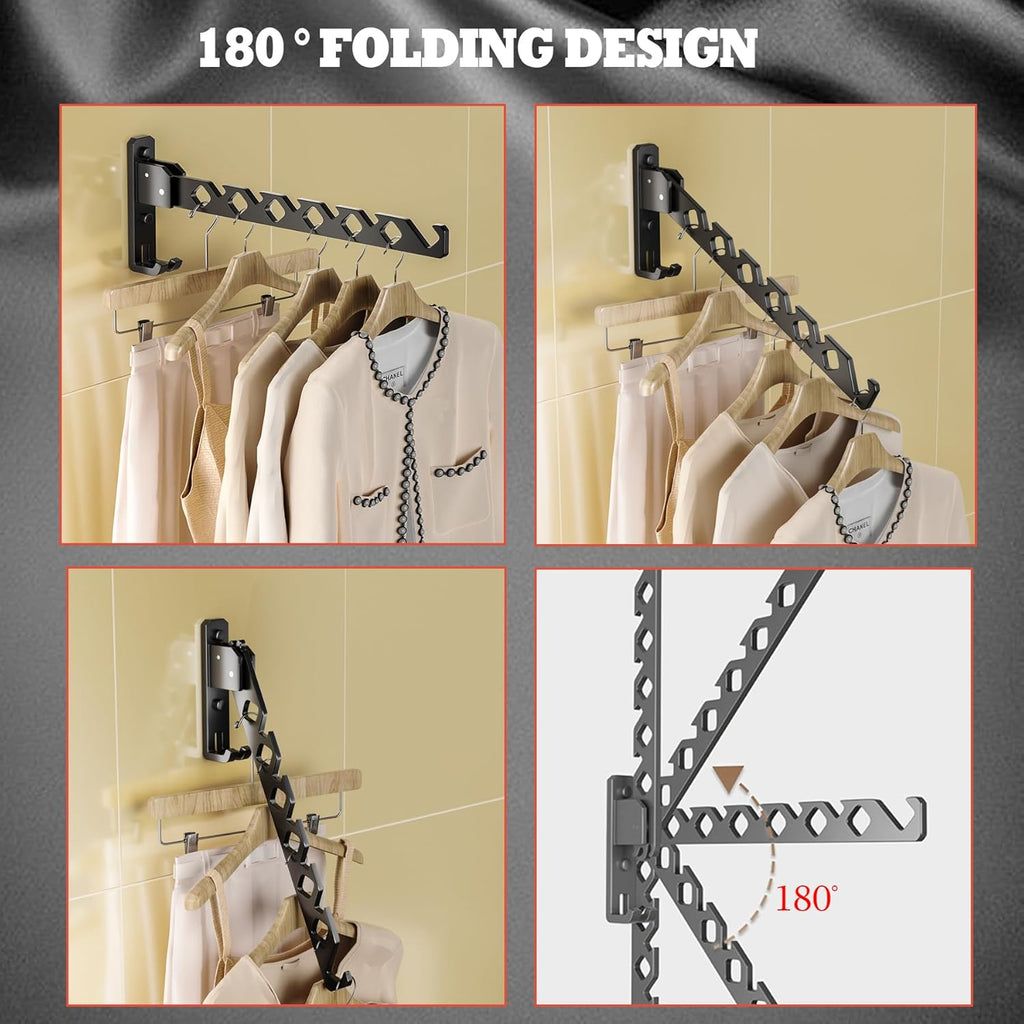 Dr.DJ Wall Mount Coat Hanger Holder Black Clothes Drying Organizer Rack Garment Hooks Aluminium Retractable Folding Indoor Wall Mounted Hanger for Laundry Room Bedroom Black 2Pack with 80cm Rod