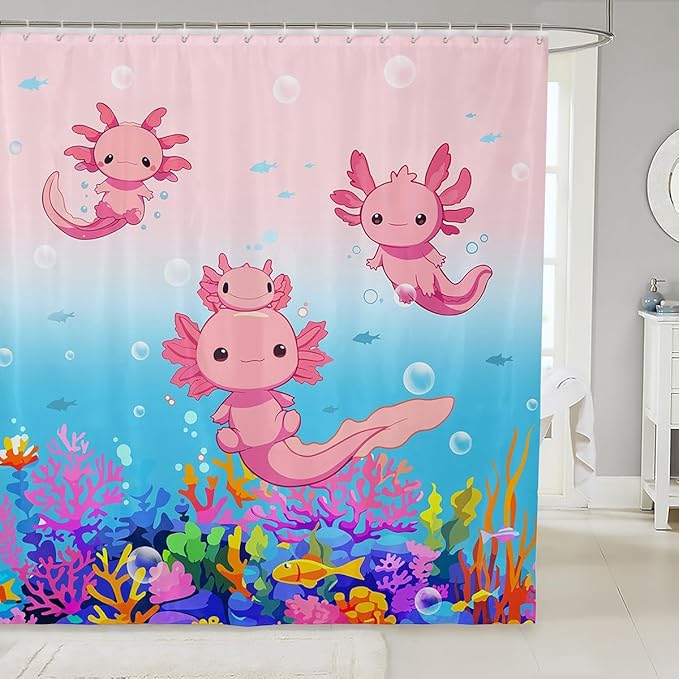 Feelyou Boys Girls Cute Axolotl Bath Curtain Ocean Sealife Shower Curtain Kids Cartoon Salamander Bathroom Shower Curtain Set Kawaii Teens Bathroom Accessories Room Decor 72"x84"