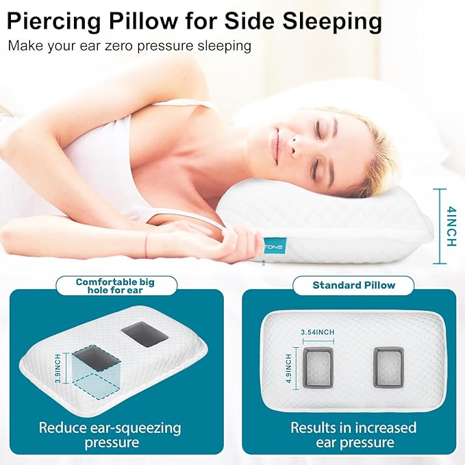 Ear Piercing Pillow with 2 Holes for Ear Pain CNH Side Sleepers, Adjustable Memory Foam Ear Pillow for Ear Discomfor, Earrings, Noise-Canceling Earplugs, Headphones, Enjoy Sound Sleep