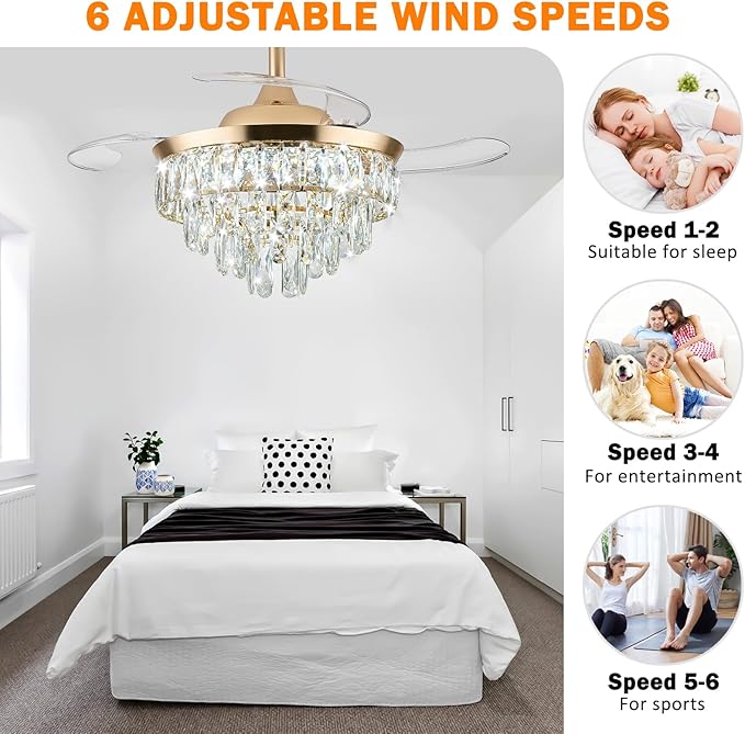 LEONTYNE 36" Modern Crystal Ceiling Fan with Lights and Remote Invisible Retractable LED Dimmable Chandelier Fan 3 Blades 6 Speeds Fandelier for Bedroom Living Room Dining Room(Gold)