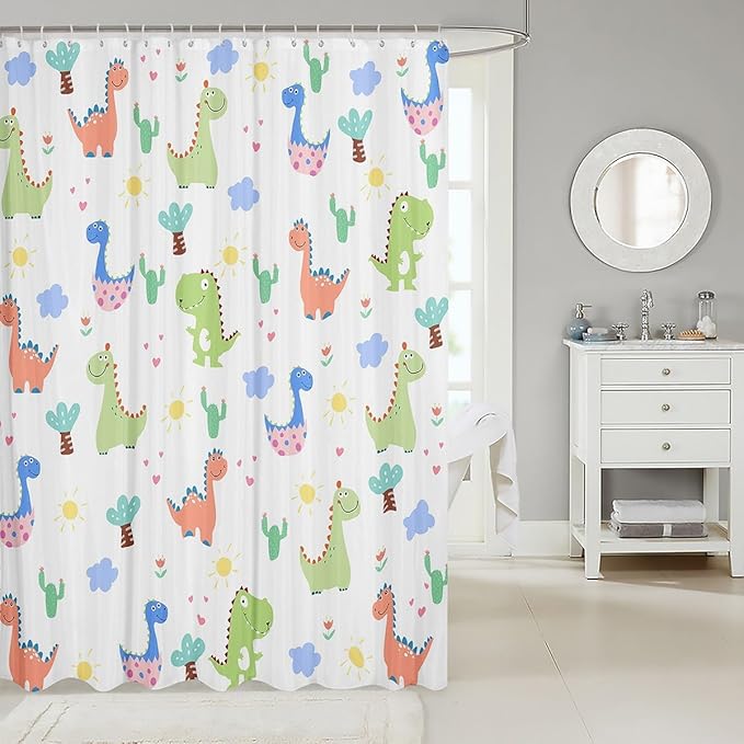 Feelyou Dinosaur Bath Curtain Cute Dinosaur Kids Boys Girls Shower Curtain Cartoon Dinosaur Bathroom Shower Curtain Set Dinosaur Print Kids Bathroom Accessories 72"x84"