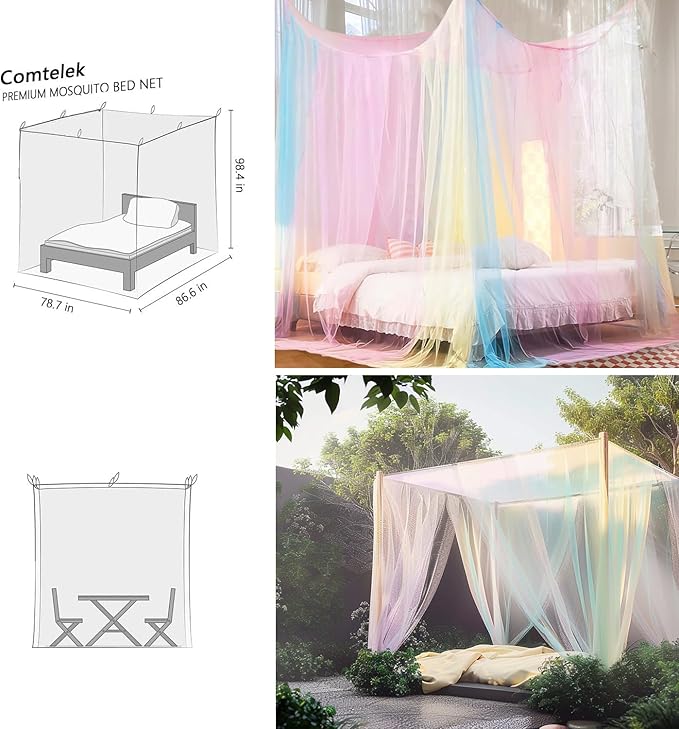 Curtains Bed Canopy Rainbow Mosquito Net for Bed Canopy Four Corner Post Elegant Mosquito Net Set, Stick Hook &Profession Rope for net, Screen Netting Canopy Curtains, Full/Queen/King