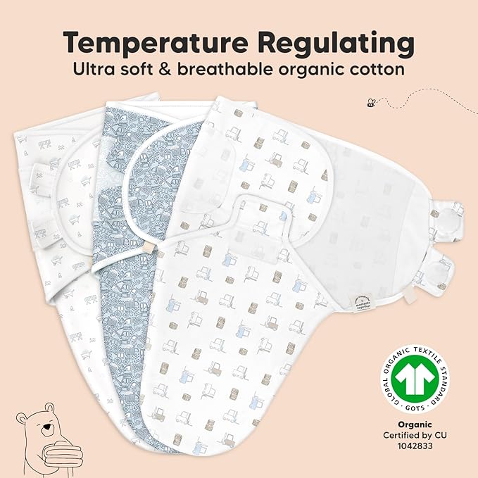 3-Pack Organic Baby Swaddle Sleep Sacks - Newborn Swaddle Sack, Ergonomic Baby Swaddles 0-3 Months, Swaddles for Newborns, Baby Sleep Sack, Baby Swaddle Blanket Wrap, Baby Essentials (Excavation)