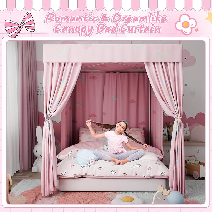 Hvqic Pink Canopy Bed Curtains - 4 Corner Post Bed Curtains Lightproof Princess Bed Canopy for Girls Rainbow Canopy Bed Curtains for Kids Room Decor(Full,Pink-Cloud)