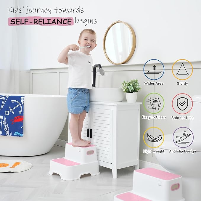 2 Step Stools for Toddlers, Kids Step Stool for Bathroom Sink, No Slip Step Stool for Toddlers Bathroom (2 Pack, White Pink)