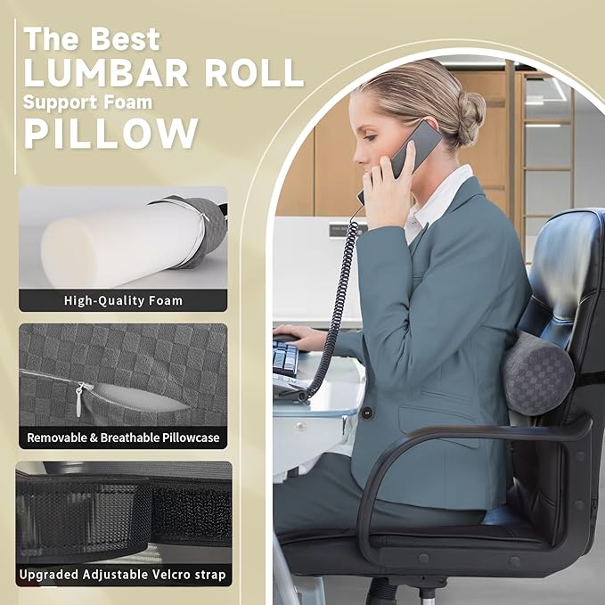Lumbar Roll Pillow for Lower Back, Lumbar Support Foam Roll Cushion with Pillowcase and Upgraded Strap for Office, Chair, Car, Seat Pain Relief & Improving Posture (Light Grey, Long-15*4.3'')