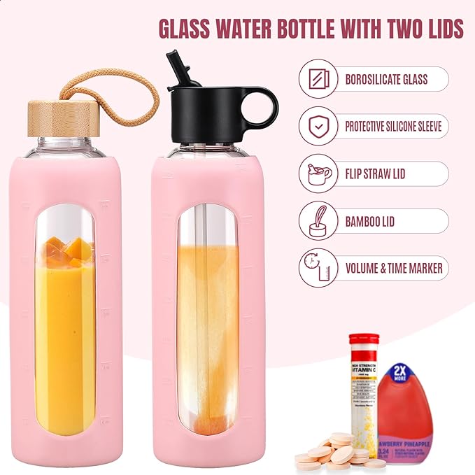 24oz Glass Water Bottle With 2 Lids-Flip Straw Lid, Bamboo Lid, Glass Water Bottle With Silicone Sleeve, Motivational Time Marker, Glass Juice Bottle for Cold Drink,Pink