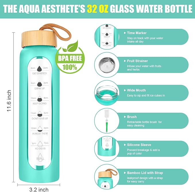 32 Oz Borosilicate Glass Water Bottle with Times to Drink | BPA Free - Reusable Wide Mouth Glass Motivational Water Bottles with Infuser & Silicone Sleeve (SHINY GREEN)