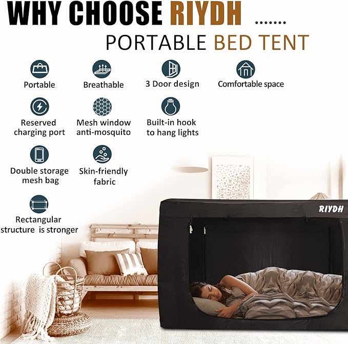 Bed Tent Bed Canopy Tents for Adult - Portable Dream Tent Indoor Sleeping Tents 70% Blackout with 3 Doors Breathable Private Space Tents