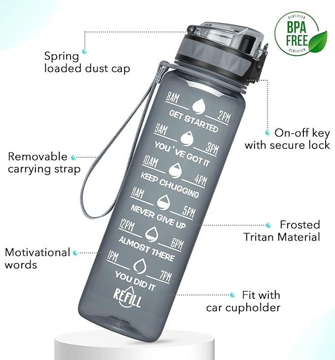 32oz/26oz Motivational Water Bottle with Time Marker & Fruit Strainer, Leak-proof BPA Free Non-Toxic 1l Bottle with Carrying Strap, Perfect for Fitness, Gym and Outdoor Sports, Plastic