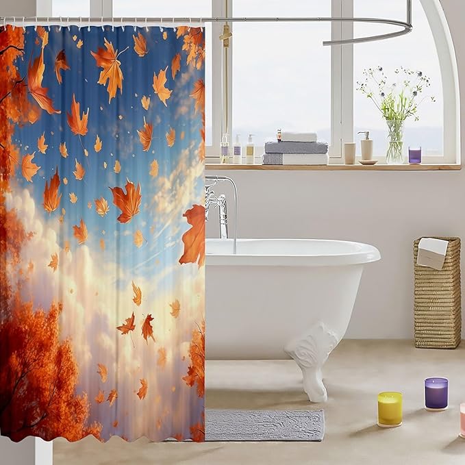 Feelyou Maple Leaf Shower Curtain Autumn Fabric Shower Curtain for Kids Nutrue Theme Bathroom Waterproof Accessories with 12 Hooks Women Men Sky Cloud Curtains,72x84 Inches