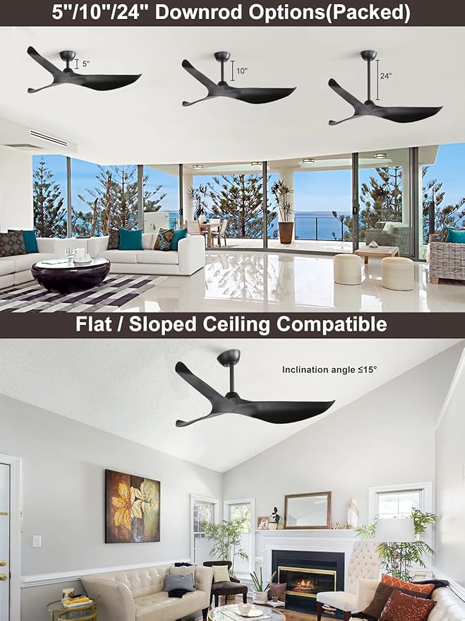 Sofucor 52" Ceiling Fan no Light and Remote Control, Modern Ceiling Fan Without Light, Indoor Outdoor Ceiling Fan with Reversible Motor, 6 Speeds, Black