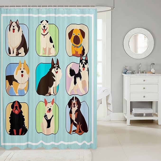 Feelyou Dog Shower Curtain Cartoon Dog Bath Curtain for Kids Toddler Boys Girls Cute Dog Bathroom Shower Curtain Set Sausage Dog Kids Bathroom Accessories 72"x84"