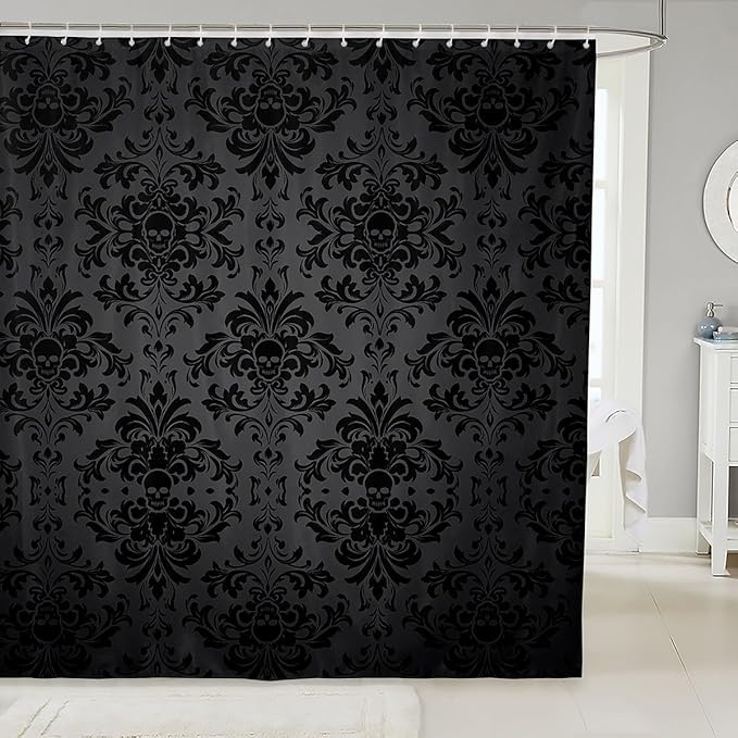 Feelyou Black Damask Shower Curtain 72"x84" Kids Vintage Floral Bathroom Shower Curtain Set for Boys Girls Teens Antique Victorian Baroque Bath Curtain Gothic Bone Skeleton Bathroom Accessories