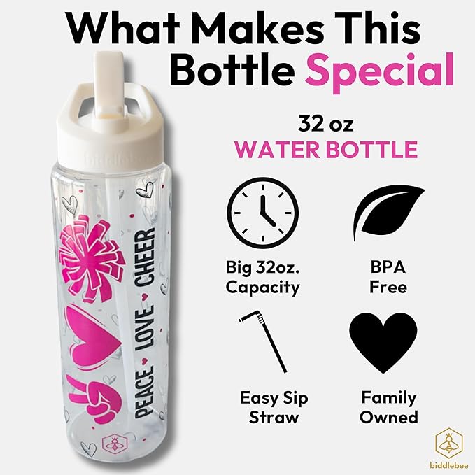 32oz Cheerleader Water Bottle with Straw Lid | BPA-Free Reusable Bottles for Cheerleaders, Cheer Team or Cheerleading Coach | Great Gifts for Girls, Coaches