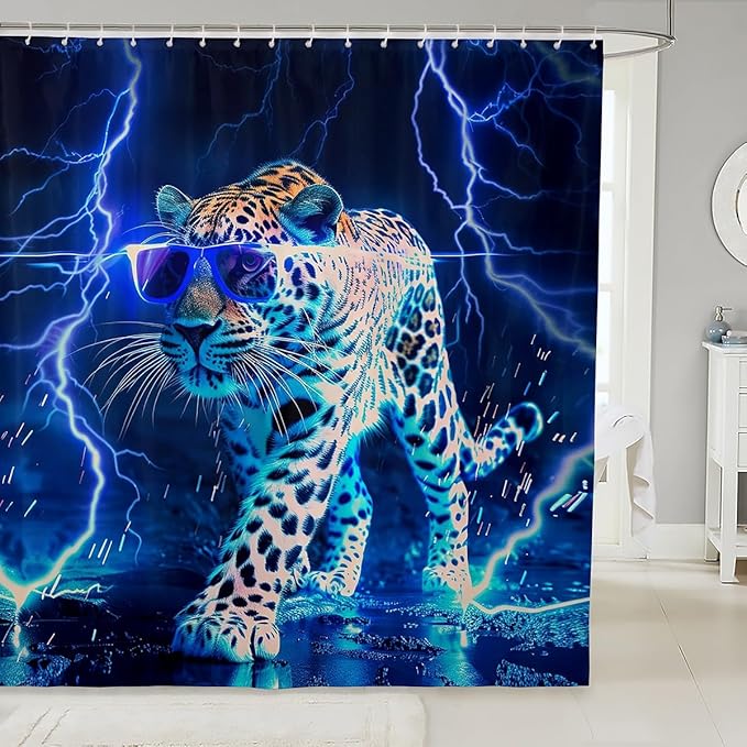 Feelyou Wild Animal Leopard Shower Curtain Leopard Bath Curtain Blue Leopard Bathroom Shower Curtain Set for Boys Girls Wild Leopard Kids Bathroom Accessories Wildlife 72"x84"