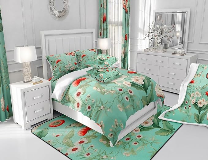 Feelyou Floral Flower Fabric Shower Curtain Red Butterfly Shower Curtain for Teens Green Bathroom Waterproof Accessories with 12 Hooks Flower Botanical Curtains,72x72 Inches