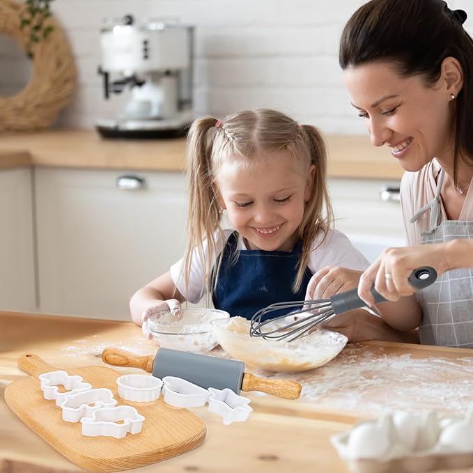 Kids Cooking & Baking Set, 16 Pcs Grey Real Kids Kitchen Utensils Set with Storage Case, Toddler Cooking Set, Toddler Chef Set for Junior Chef with Kids Apron & Hat, Kids Baking Sets for Boys & Girls