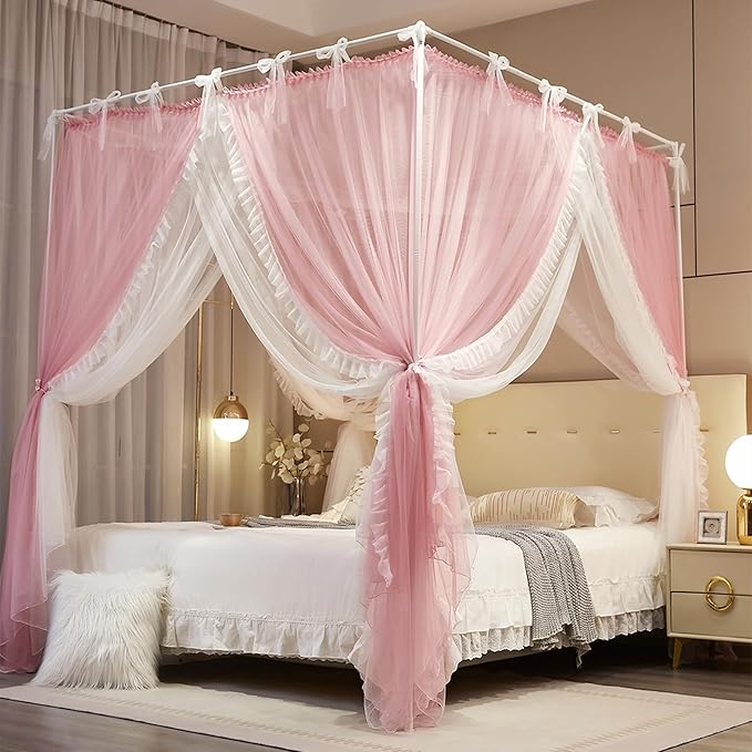 4 Corners Post Princess Curtain Bed Canopy Lace Up Double Layer 4 Opening Mosquito Net Mesh for Girls Bedroom Decoration(Pink/White, 53" W*78" L*82" H/Full)