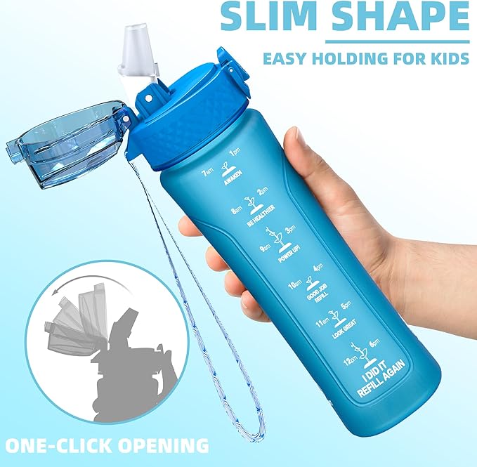15oz Kids Sports Water Bottles for School with Straw Lid (Blue)