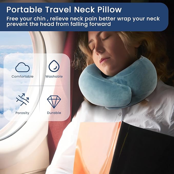 Travel Pillow, Pure Memory Foam Neck Pillow for Airplanes, Comfortable Breathable Cover, Stowable Pillows for Sleeping, Car, Airport Travel Essentials