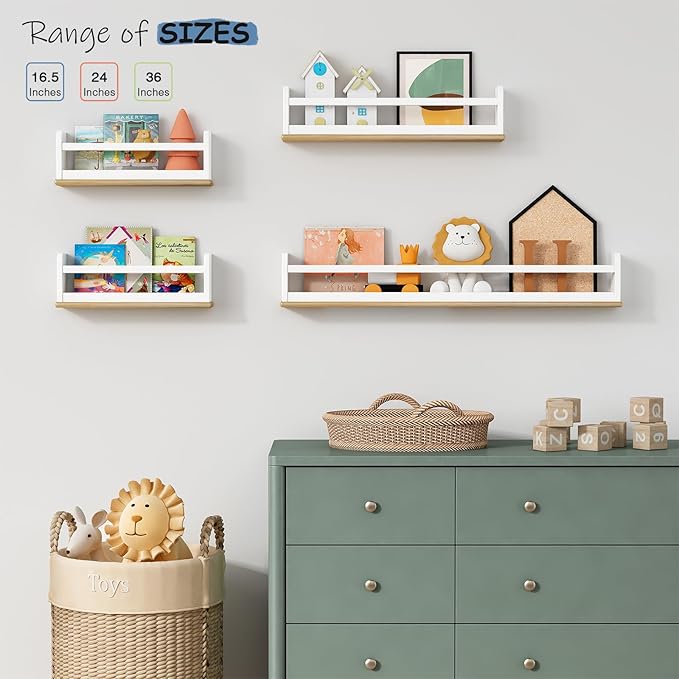 36 Inches Long Nursery Floating Shelves for Wall, Large Wall Book Shelves for Kids Room, White and Natural Haning Bookshelf for Toddlers Child Kids Bedroom Classroom Library (Set of 3)