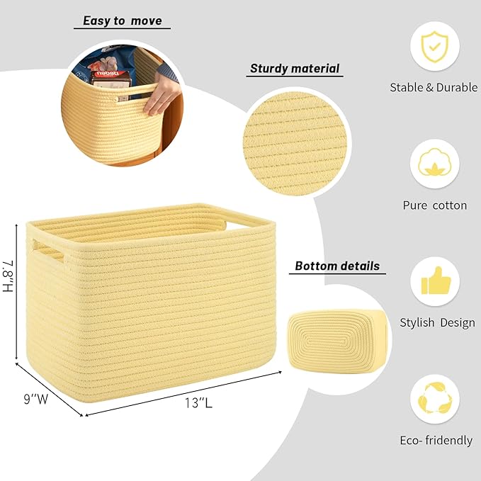 4 Pack Storage Baskets for Organizing Toys, Towels, and Clothes, Woven Basket for Shelves, Durable Nursery Cube Bins for Storage, 13''L x9''W x7.8''H, Yellow