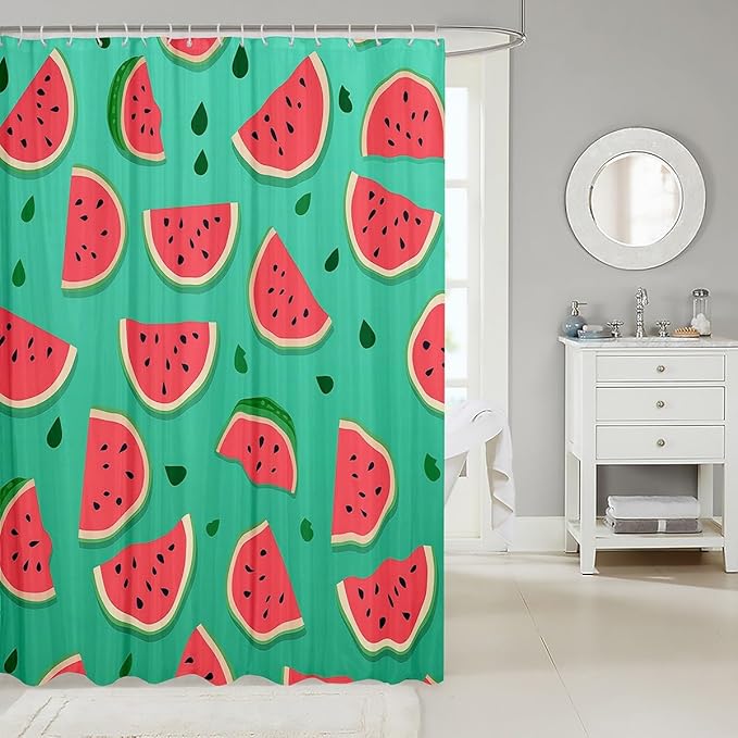 Feelyou Watermelon Shower Curtain Cartoon Watermelon Fabric Shower Curtain for Kids Boys Girls Fruit Bathroom Waterproof Accessories with 12 Hooks Red Green Curtains,72x72 Inches