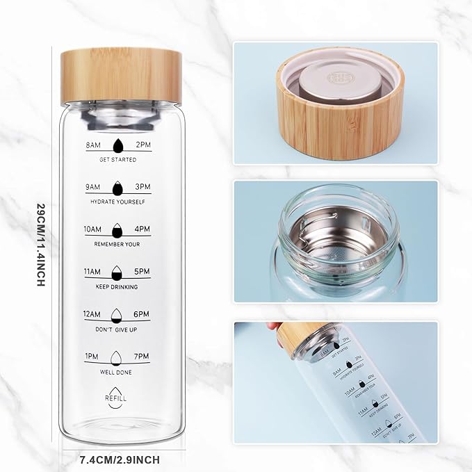 25oz Glass Water Bottle, Leak-Proof, with Stainless Steel Tea Infuser, BPA-Free, Suitable for Office, Car, Gym, and Travel, Reusable, for Hot and Cold Beverages (Circular-25oz-2pcs)