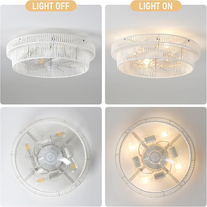 Woven Caged Ceiling Fans with Lights,20 in White Wicker Fandelier, Enclosed Boho Fan with Light for Bedroom Kitchen Living Room