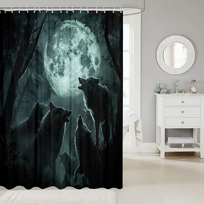 Feelyou Wolf Bath Curtain Wolves Howling Shower Curtain for Boys Girls Natural woles Bathroom Shower Curtain Set Animal Wolves Kids Bathroom Accessories 72"x78"