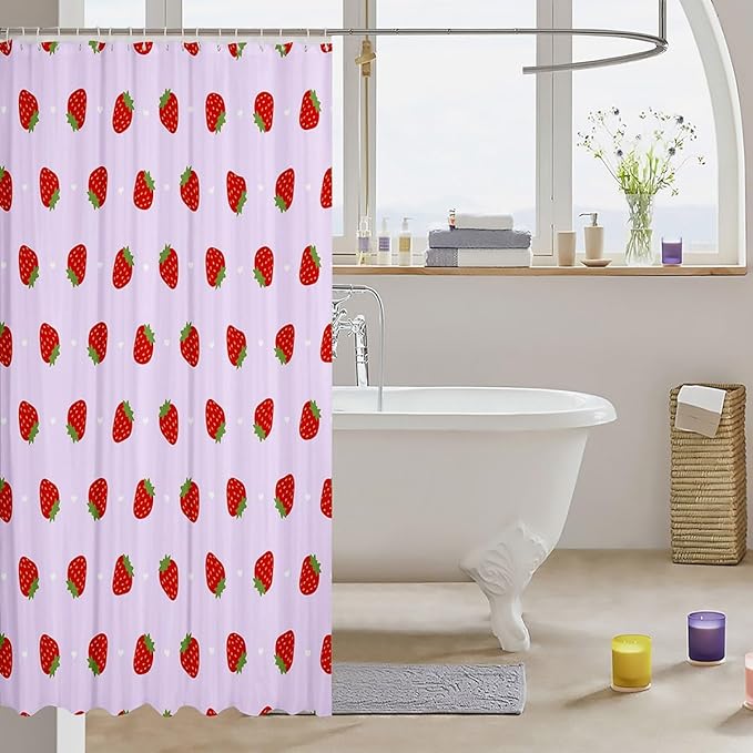 Feelyou Strawberry Fabric Shower Curtain Kawaii Fruit Shower Curtain for Kids Boys Girls Cute Bathroom Waterproof Accessories with 12 Hooks Kawaii Lovely Curtains,72x72 Inches