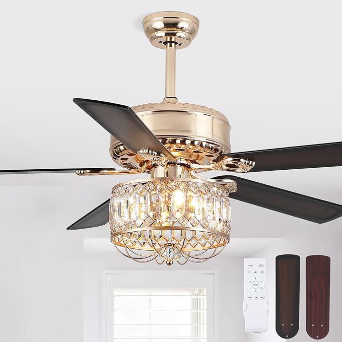Chandelier Ceiling Fans with Lights - 52 Inch Modern Farmhouse Fandelier Ceiling Fan with Remote, Crystal Ceiling Fan Light for Bedroom Living Dining Room, Dual Finish Wooden Blades, Gold