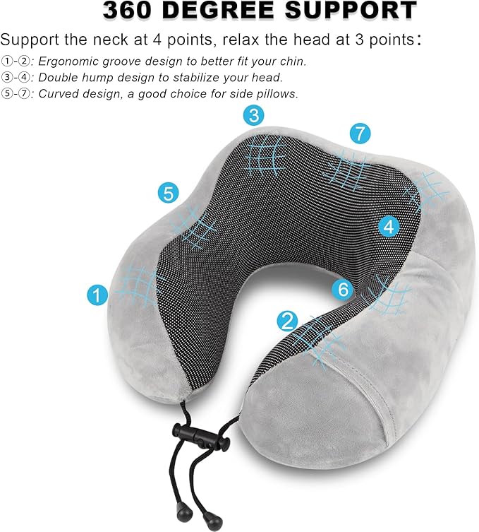 Pure Memory Foam Travel Pillow Set for Adults - Comfortable & Breathable Removable Cover, Airplane Travel Kit with Eye Mask & Portable Storage Bags for Plane Accessories - Grey