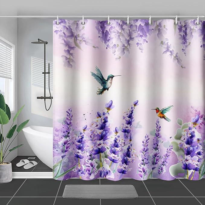 AILONEN Waterproof Floral Shower Curtain for Bathroom,Purple Wisteria Lavender Flowers Shower Curtain,Botanical Floral Decor Bathroom Polyester with Grommets and Hooks 60" W*72" H