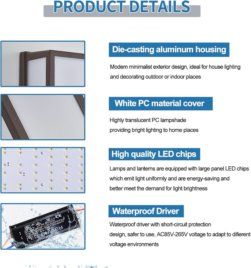 2 Pack Outdoor Wall Lights 30W LED Aluminum 3000K - Waterproof Brown Modern Exterior Sconce Provides Warm Lighting to Porch,Garage,Front Door - Durable & Enhances Safety