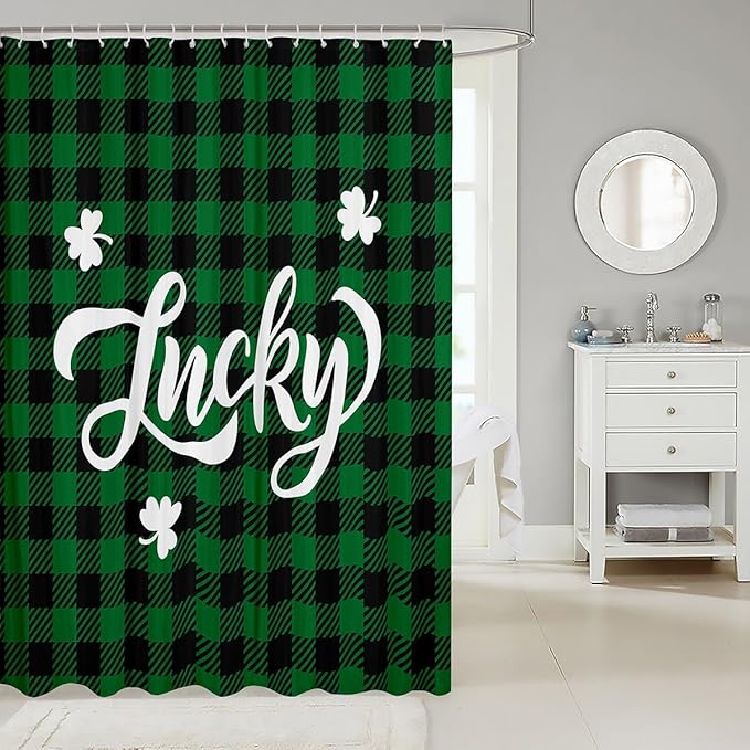 Happy St. Patrick's Day Kids Shower Curtains,Leaf Irish Holiday Bathroom Curtains for Girls Boys,Geometric Grids Checkered Patchwork Green Retro Waterproof Curtains,12 Hooks Suits,72"W x 72"L