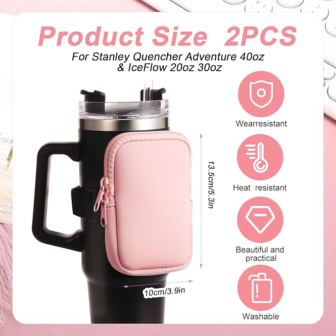 2pcs Water Bottle Pouch for Stanley, Zipper Pouch for Stanley Cup Adjustable Gym Bottle Pouch Pink & Green Multifunctional Water Bottle Pouch for Tumblers Quencher Adventure 40oz&IceFlow 20oz 30oz