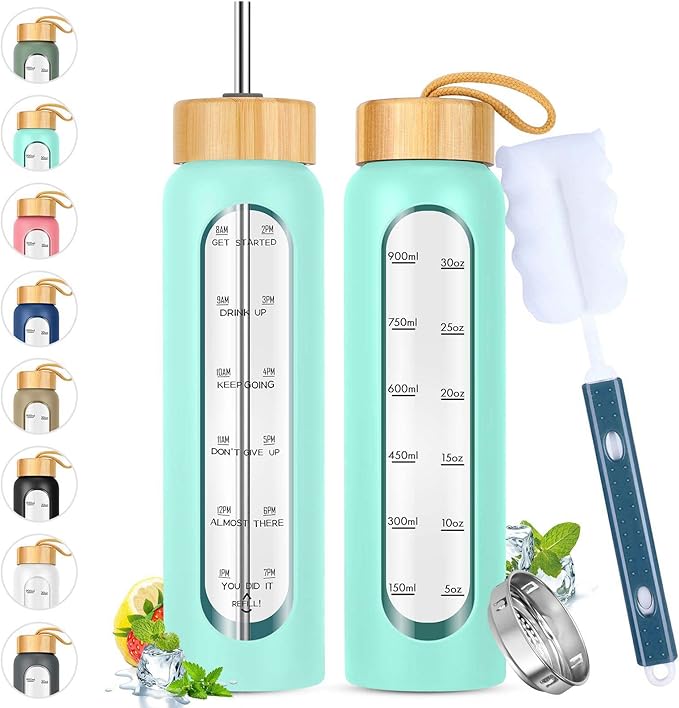 32 oz Glass Water Bottles with Straw - Motivational Glass Water Bottle with Time Marker & Silicone Sleeve - Reusable Glass Tumbler Includes 2 Bamboo Lids & Fruit Infuser - 1 Pack